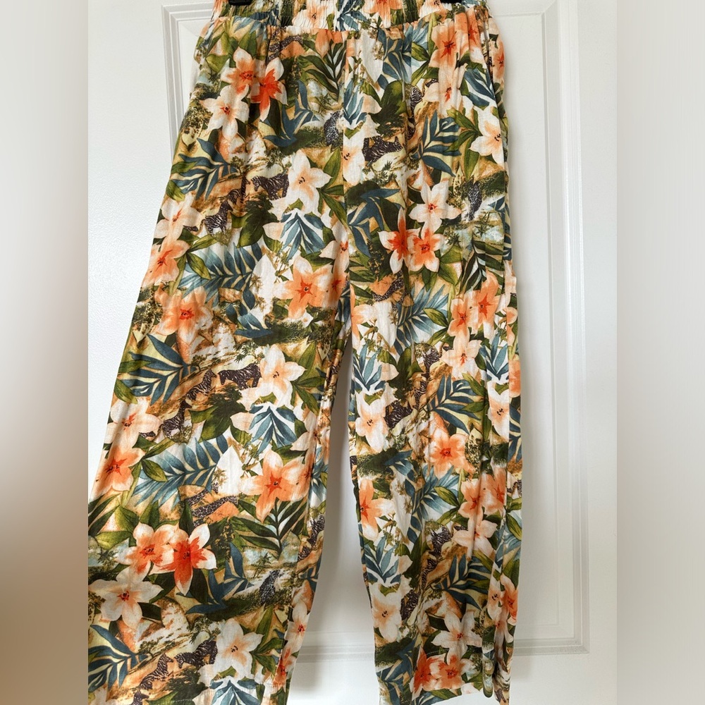 Tropical printed linen flowy pants